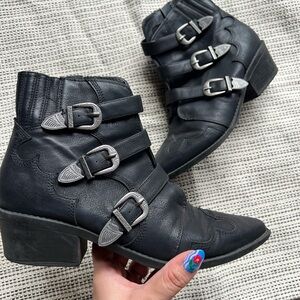 Western Black Ankle Boots with Buckle Detail